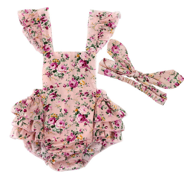 Vintage Summer Woven Floral Baby Bubble Romper Flutter Sleeve Ruffle Baby Girls Playsuit Backless Cross Romper Baby Cltohes with headband