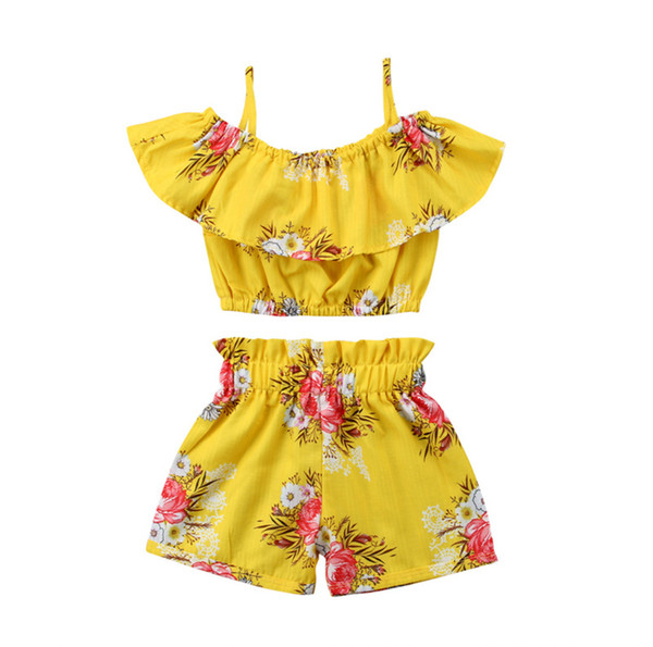 2019 New kids girls floral outfits summer floral printed Suspender tops + shorts 2pcs sets cute children casual clothing sets C5078