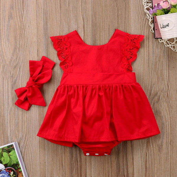 Plain Newborn Baby Girls Romper Headband Dress Jumpsuit Outfits Clothes Red Casual Lace Bandage Baby Clothes suit 0-24M 2set/4pcs