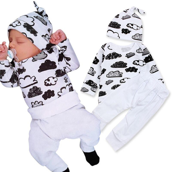 2018 Autumn Newborn Clothing Sets Baby Boys Girls Cloud Printed T Shirts Tops + White Pants +cap 3pcs Outfits Infant Fashion Clothing Sui