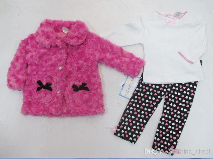 2015 winter baby girls suits kids children sets coat+ t shirt+ pants outfits 3 pc set girls clothes #3503