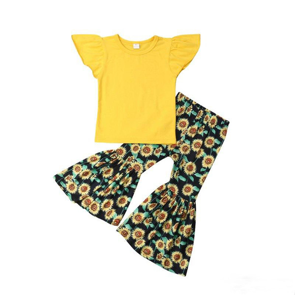 1-6Y Sunflowers Toddler Kids Baby Girls Summer Clothes Ruffles Sleeveless Yellow T-shirt Top Sunflower Flared Pant Bell bottom 2PCS Clothes