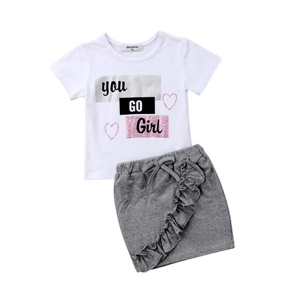 New Toddler Infant Child Kid Baby Girl Tops T-shirt Pencil Skirts 2Pcs Outfit Ruffled Shortsleeve Clothes Set 1-5T