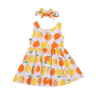 Baby Girl clothes Hot style Europe Lemon summer young lady condole belt sleeveless print + bow hair decoration girl dress