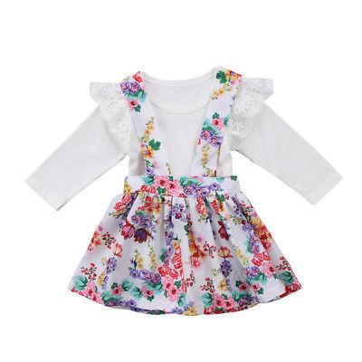 Newborn Kids Baby Girls Lace Long Sleeve Ruffles Tops Romper + Floral Skirt Strap Outfits Set Clothes Y190515