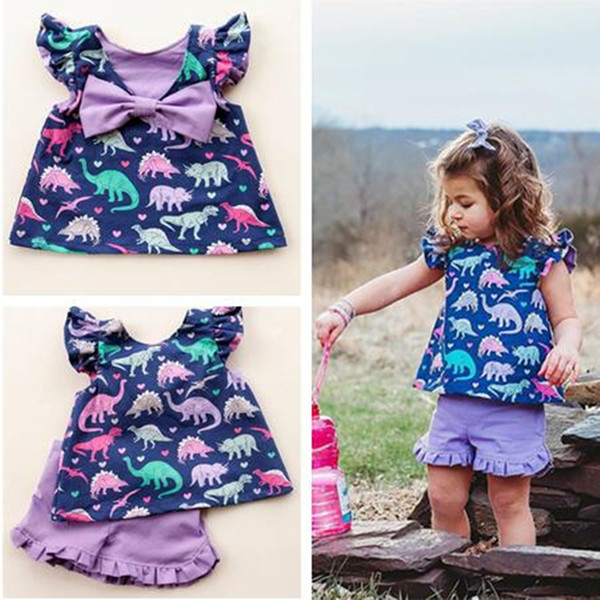 Dinosaur Print Fashion Outfits Boutique Summer Kids Clothing Sets Girls Petal Sleeve Bow t shirt Dress + Shorts 2 Piece Trend Clothes C71907