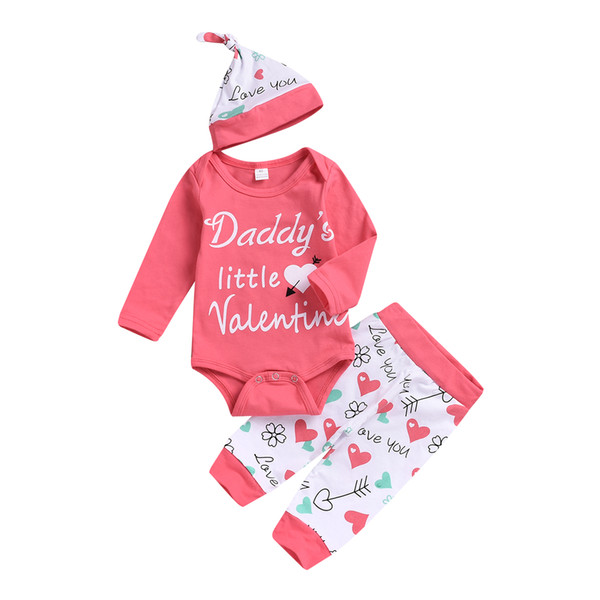 Daddy Little Valentine Baby Girls Pink Clothes Outfits Romper Pants Hat Headband Four Pieces Infant Baby Clothing Heart Arrow Toddler 0-18M