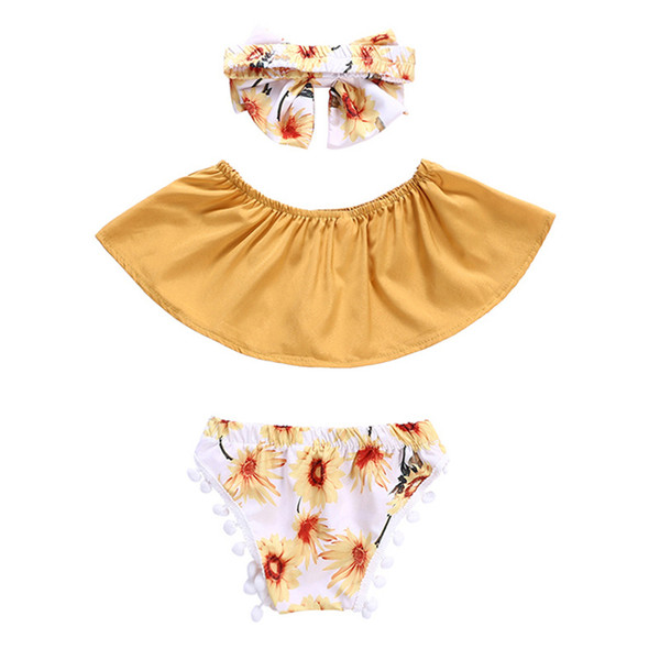 2018 New Fashion Baby Girls Clothes Set Yellow Wrapped Chest Crop Top + Sunflower Tassel Pants +Headband Outfits Casual Clothing Sets