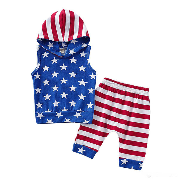 Kids Clothing Sets 2019 Summer Baby Clothes American flag Star stripe Print for Boys Outfits Fashion Hooded Top+Shorts Children Suits