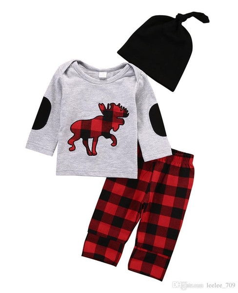 Ins Kids Clothing Set Baby Clothes Christmas Deer Print Plaid Boys Girls Fashion Tshirt Pants Hat Autumn Winter Outfits