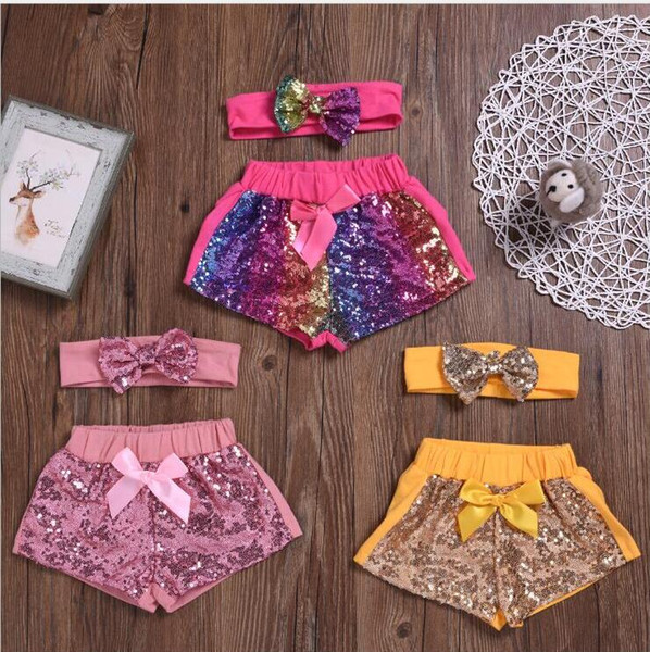 Kids Designer Clothes Girls Sequins Shorts Headband Sets Baby Bowknot Glitter Pants Boutique Dance Shorts Costume Casual Party Pants B5902