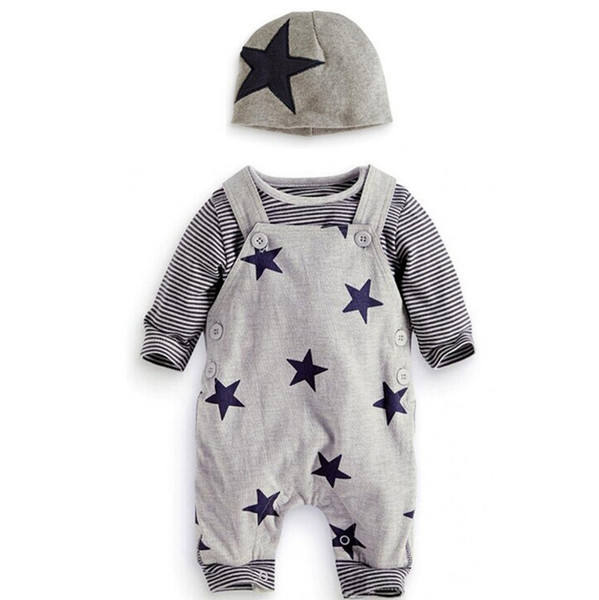 Baby Boy Outfits Infant Boys Striped Shirt Blouse Suspender Pants Hat 3pcs Set Star Printed Newborn Clothing Set Baby Clothing DW4112