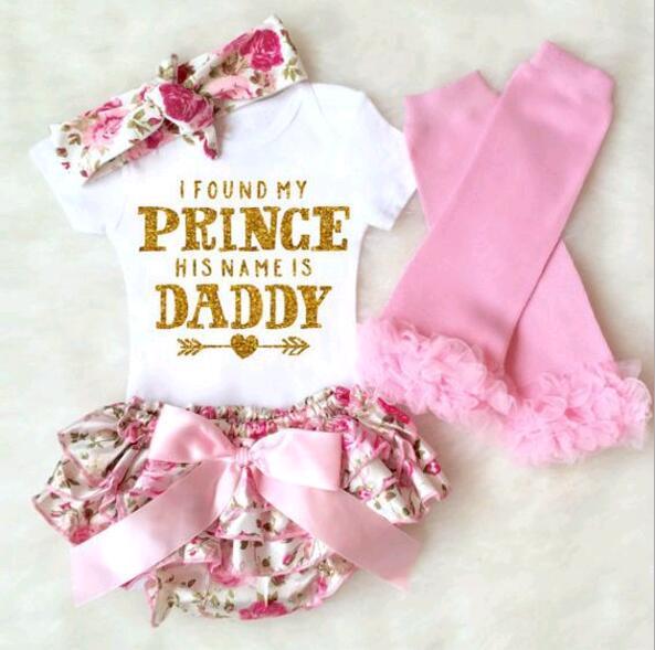 Newborn Baby Clothing Sets Kids Clothes Letter Print Romper and Broken Flower Ruffled Bow Shorts Suits for Infant Toddlers