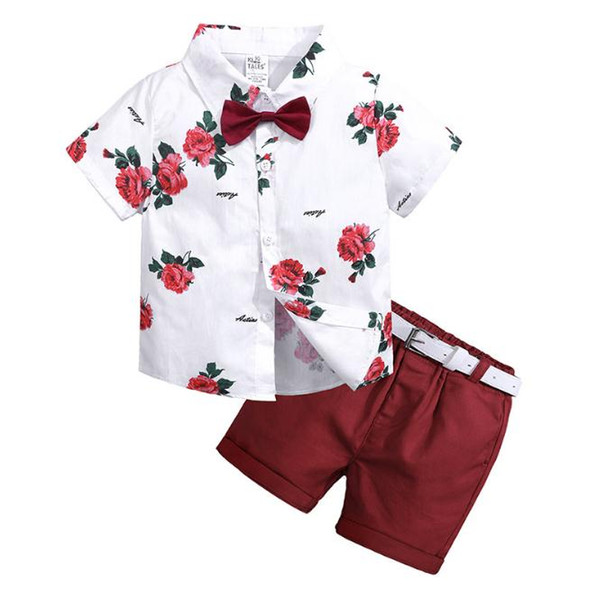 Kids Boys Clothing Sets Children Clothing Set Summer Baby Boy Clothes Flower Tie Shirts+Shorts 2PCS Gentleman Suit With Tie