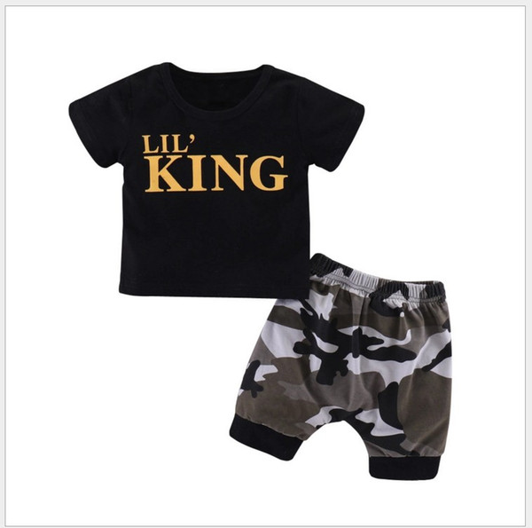 Summer Baby Boys Letters Printed Short Sleeve T-shirt+Camouflage Shorts 2pcs Set Kids Clothing Sets Children Outfits Toddler Suit Retail