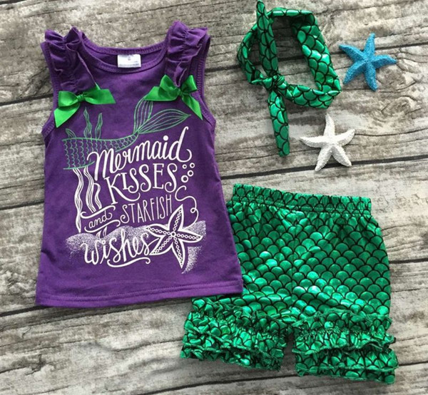 2018 girls clothing purple green scale mermaid boutique short sets starfish kids Summer sleeveless clothes clothing with bow set