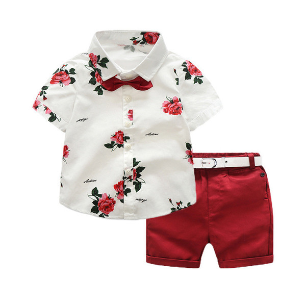 2019 Summer Boys Sets Boy Clothes Fashion casual Flower Tie printing Shirts+Shorts 2pcs kids clothes set