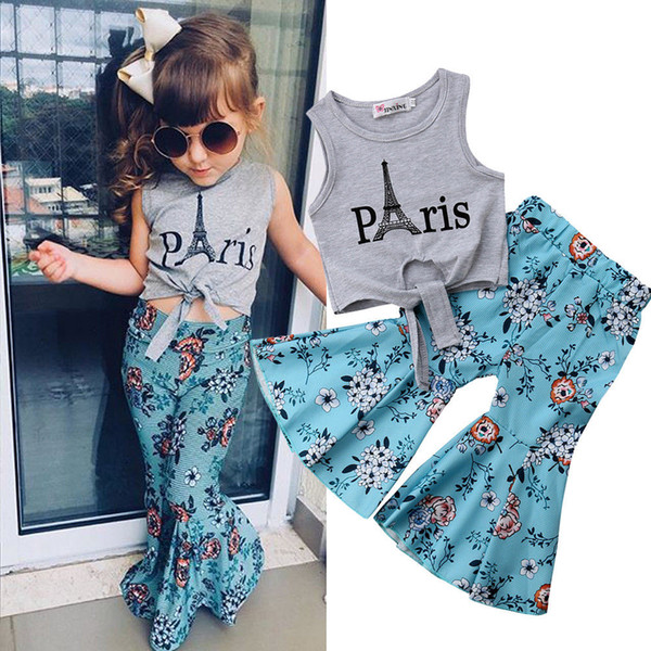 2019 Summer Toddler Kid Baby Girls Clothes Vest Tops Floral Wide Leg Long Pants Children Clothes Casual Baby Girls Clothing Set