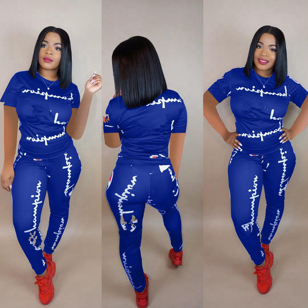 Women Champions Tracksuit Short Sleeve T shirt + Pants Leggings Summer Outfits Designer 2 Piece Sportswear Sports Joggers suit S-3XL B2282