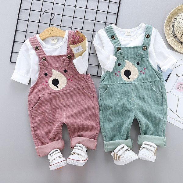 2019 New Spring Children Boys Girls Suit Baby T-shirt Cartoon Bear Corduroy Belt Pants 2pcs/Set Kid Clothing Toddler Tracksuits