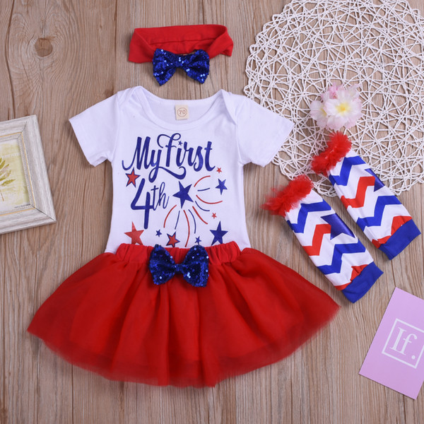 1st 4th of July independence day Baby Girl Outfit Tutu Dress Party Costume Cotton Short Sleeve 4pcs Clothing Set