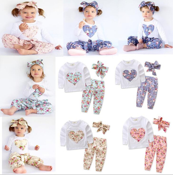 Baby girl INS heart-shaped flower Suits Kids Toddler Infant Casual long sleeve T-shirt trousers Hair band 3pcs sets clothes set KKA2650