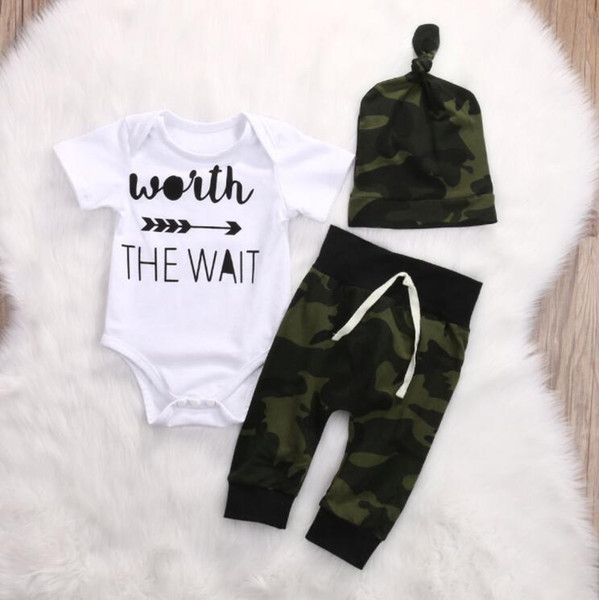 Army Green Newborn Baby Girl Boy Clothes Romper T-Shirt Long Pants And Hat Outfits 3Pcs Free Shipping