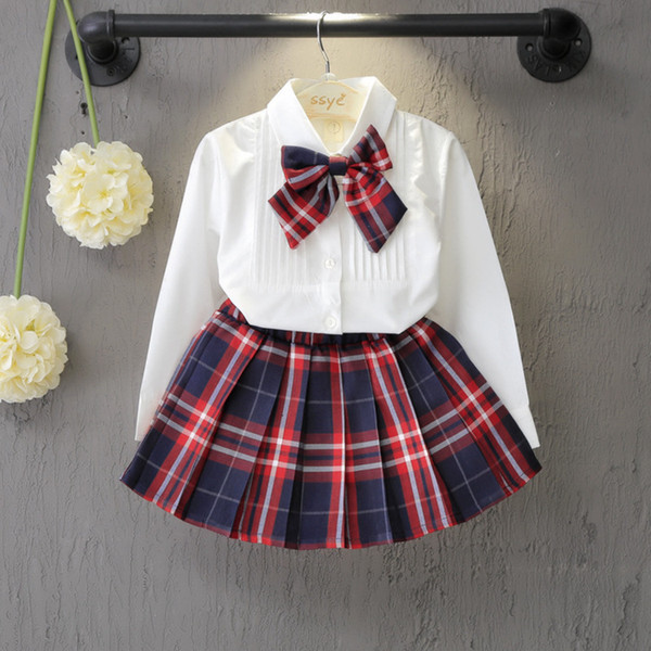 2018 Autumn New Children Baby Girls Clothing Set Kids White Bowtie Blouse Plaid Skirt School Uniform Preppy Clothes Suits