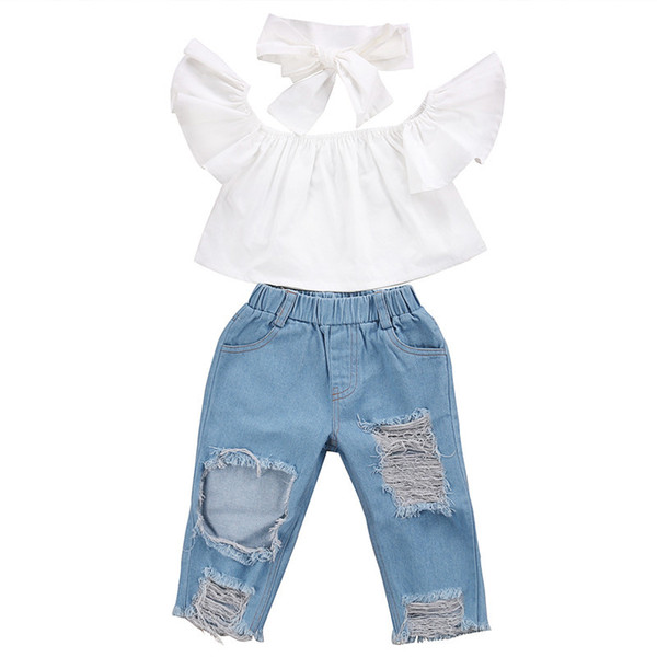 2017 New Fashion Toddler Kid Girls Clothing Off Shoulder Tops Vest Ripped Hole Denim Pants Jeans Outfits Baby Girl Clothes Set Y1892906