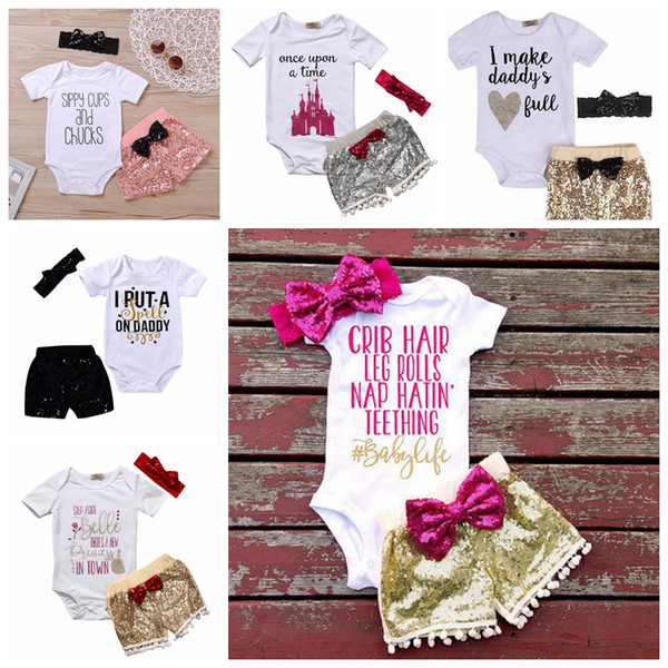 Baby Girl Rompers Suit INS Letters Short Sleeve Shirt Sequin Headband Shorts Suits Baby Shorts Outwear Fashion Outfits Suits 3PCS YFA805