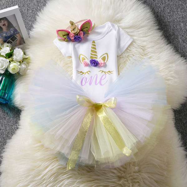 Baby Suit 1 Year Birthday Dress Christening Gowns Unicorn TUTU Skirt Outfits 12 Months Infant Clothes Unicorn Headband