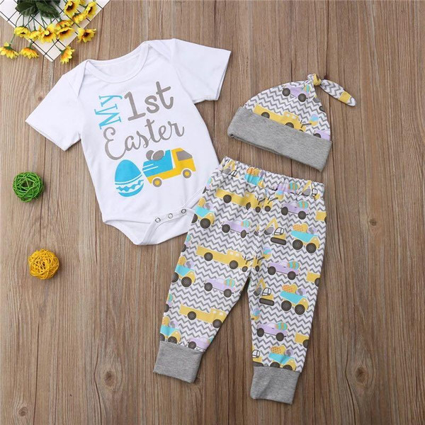 Easter Newborn Kids Baby Girls clothes round neck short sleeve Bodysuit car print Pants Geometry Hat 3pc Toddler cotton lovely Outfits