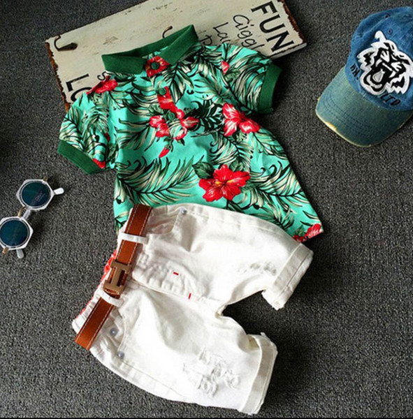 Kids 2 Color fashion INS boy stripe flower belt suits Summer children cartoon Short sleeve T-shirt +shorts 2pcs suits baby clothes B