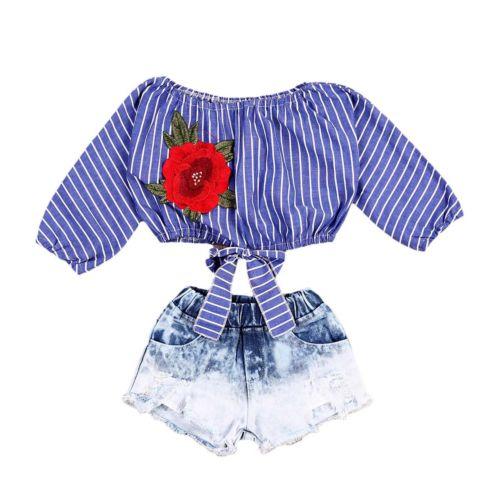 Kid Baby Girls Clothes Sets Crop Tops Shirts Blouse Flower Striped Denim Short Jeans Clothing Set Girl Outfits