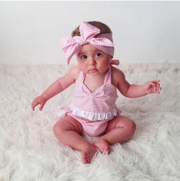 3pc set ins outfits girls summer new girls pink romper lace striped romper dress & infant cake pants short & baby big bow headband