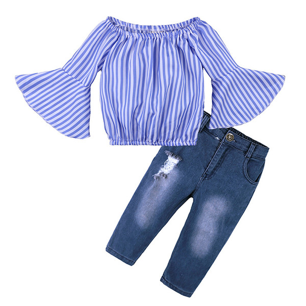 Kids Clothing Set Off Shoulder Stripe Top Spring Autumn Baby Clothes for Girls Outfits Toddler Fashion Tshirt Jeans New