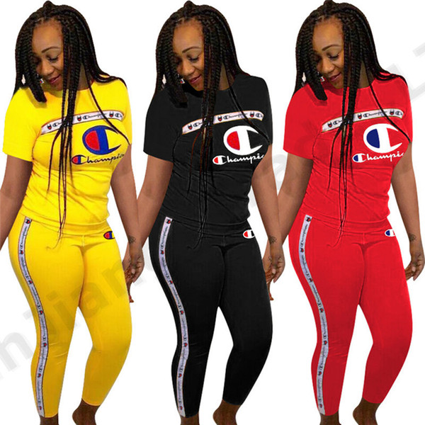 Women Champions Short Sleeves Tracksuit Summer T shirts + Pants Outfits 2 Piece Short Sleeve Sportswear Sports suit Casual Street Sets A362