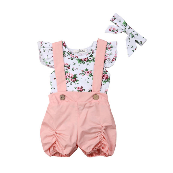 2019 Brand New Newborn Toddler Kid Baby Girl Summer Clothes 3PCS Floral Ruffles Sleeve Romper Tops+Bib Overall Shorts Headband