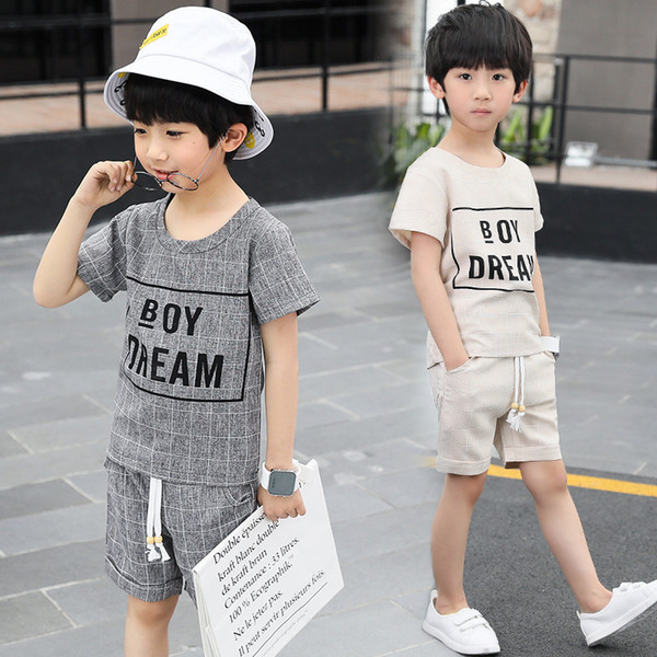 Children's Suit Boy Sports Suit Summer New Cotton Casual Short Sleeve T-shirt + Shorts Fashion Two Piece Set White And Gray