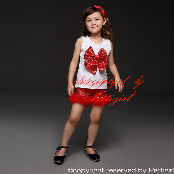 Pettigirl White Christmas Children Girls Clothing Sets Cotton Top With Bows And Sequins And Red Shorts 2 Pieces Fancy Kids Clothes CS40322-2