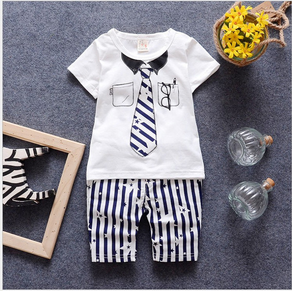 2018 Summer Baby Boys Clothing Sets Kids Short Sleeve Tie Printed T-shirt+Striped Pants 2pcs Children Outfits Handsome Boy clothes Suit