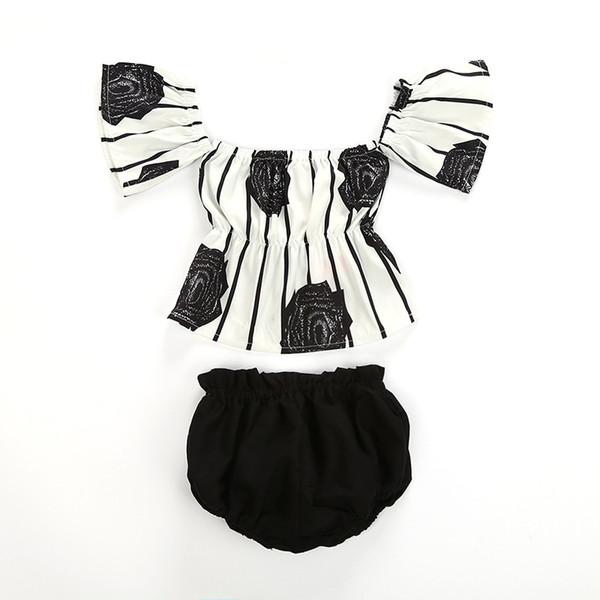 Baby girls Off shoulder outfits Floral stripe print tops+Bloomers shorts 2pcs/set 2019 summer fashion kids Clothing Sets C001