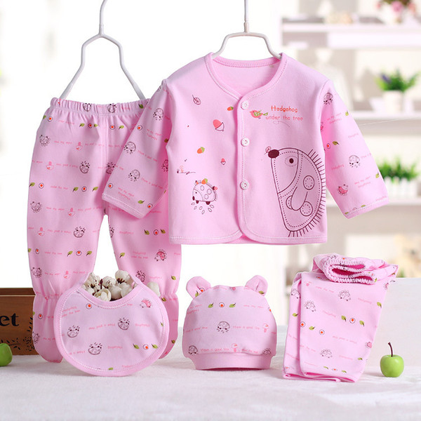 5pcs/lot Baby set children's clothing top pants bib hat newborn cotton clothing 0-3M for 3 different colors