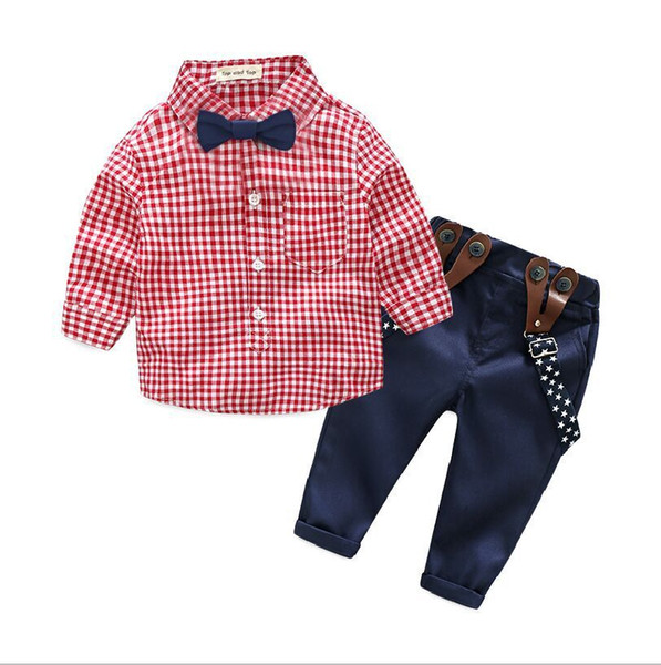 Baby boys designer outfits lattice grid shirt+pants with suspender boy gentle suits kids spring autumn clothing set