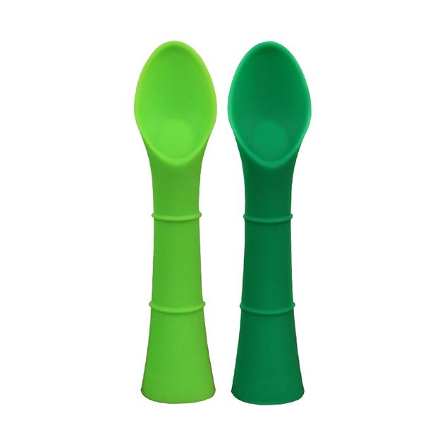 Baby Silicone Feeding Training Spoons BPA Free Safe Green Bamboo Shape 6.53