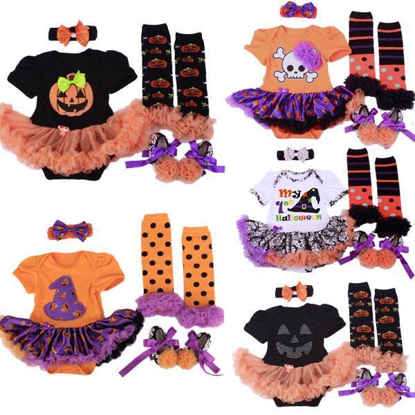 2016 Halloween Baby Girls Infant 4pcs Clothing Sets Romper Dress Jumpersuit+Headband+Shoes+Stockings Hgeteen Pumpkin Bebe Costume wholesale