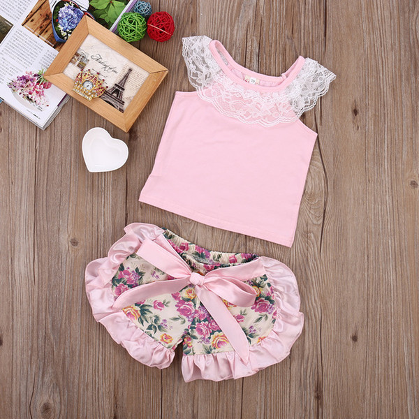 2017 2pcs Baby Set Summer Infant Baby Girl Clothes Set Lace +Floral Shorts Baby Girl Outfit ,Pink 0-24M