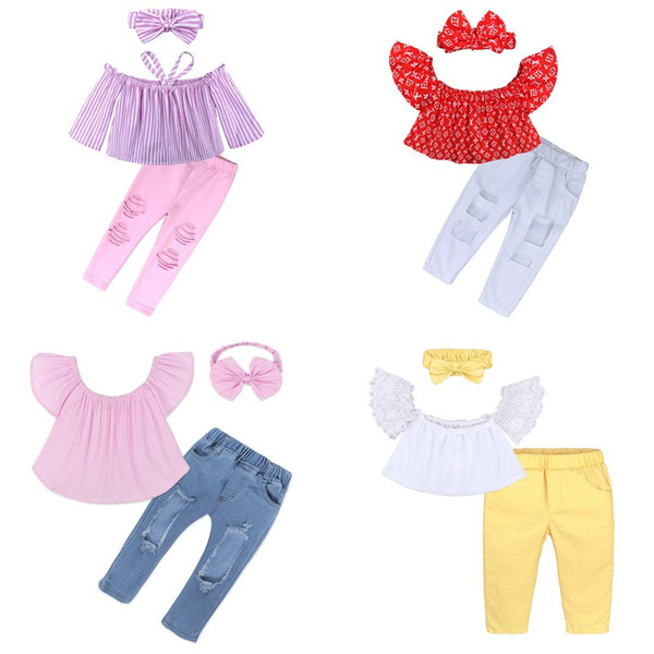 Baby Girl Hole Denim Shorts Sets Baby Girl A word Shoulder Top + Hole Pant Sets Kids Hole Denim Shorts with Hairband Fashion Sets