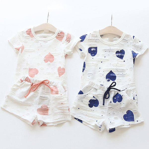 Wholesale- 2pcs/sets,Casual Kids Clothing Baby Girls Clothes Sets Summer Heart Printed Girl Tops Shirts + Shorts Suits Children's Clothing