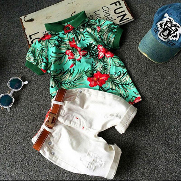 Kids 2 Color fashion INS boy stripe flower belt suits Summer children cartoon Short sleeve T-shirt and shorts 2pcs suits baby clothes T0285